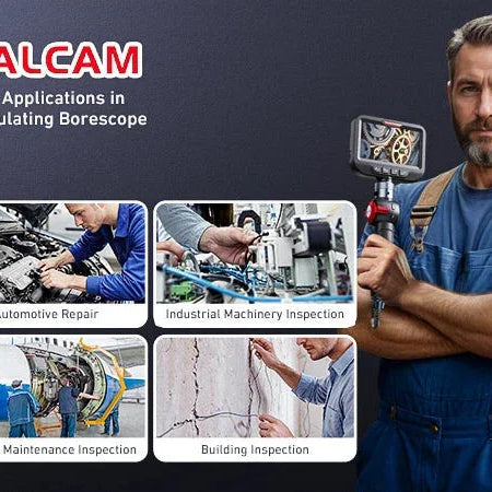 Ralcām articulating borescope uses in automotive repair, industrial machinery, aircraft, and building inspection