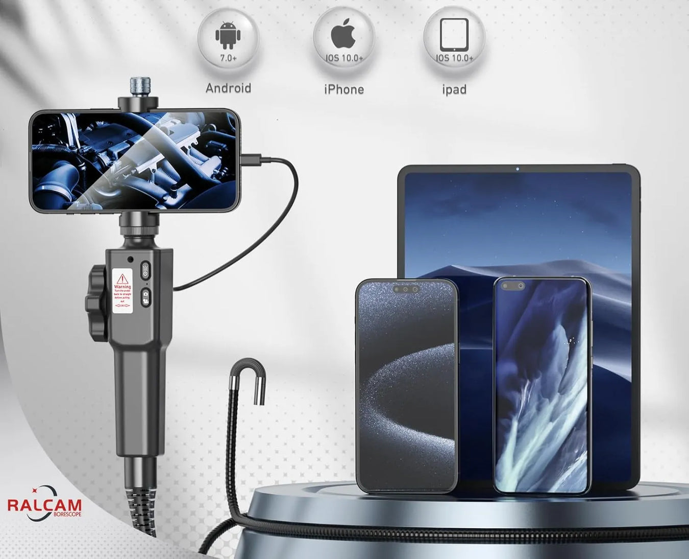 Ralcam borescope with android and iPhone compatible smart devices showing engine inspection