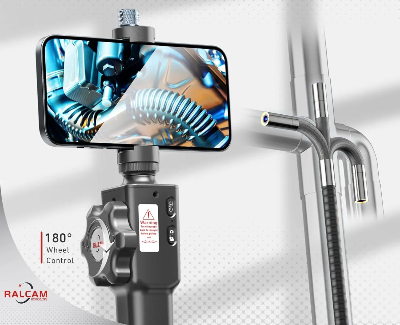 2-way borescope with smartphone display showing detailed pipe inspection and 180° wheel control