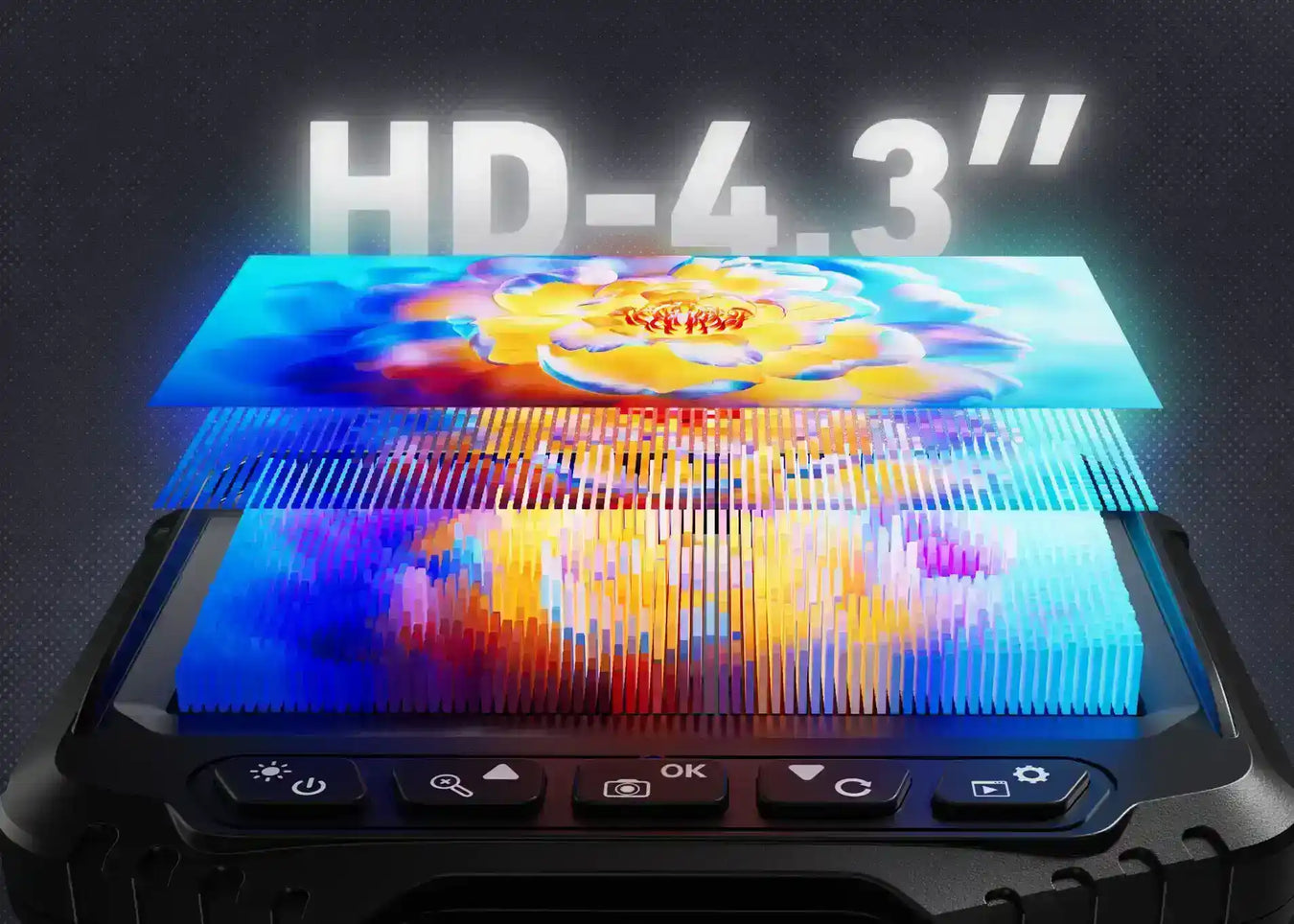 Close-up of HD 4.3-inch display screen with layered colorful pixel elements and control buttons