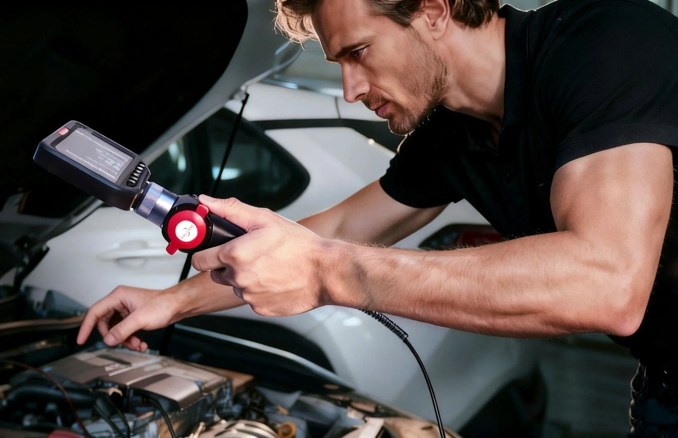 Mechanic using diagnostic scanner to inspect car engine in garage workshop