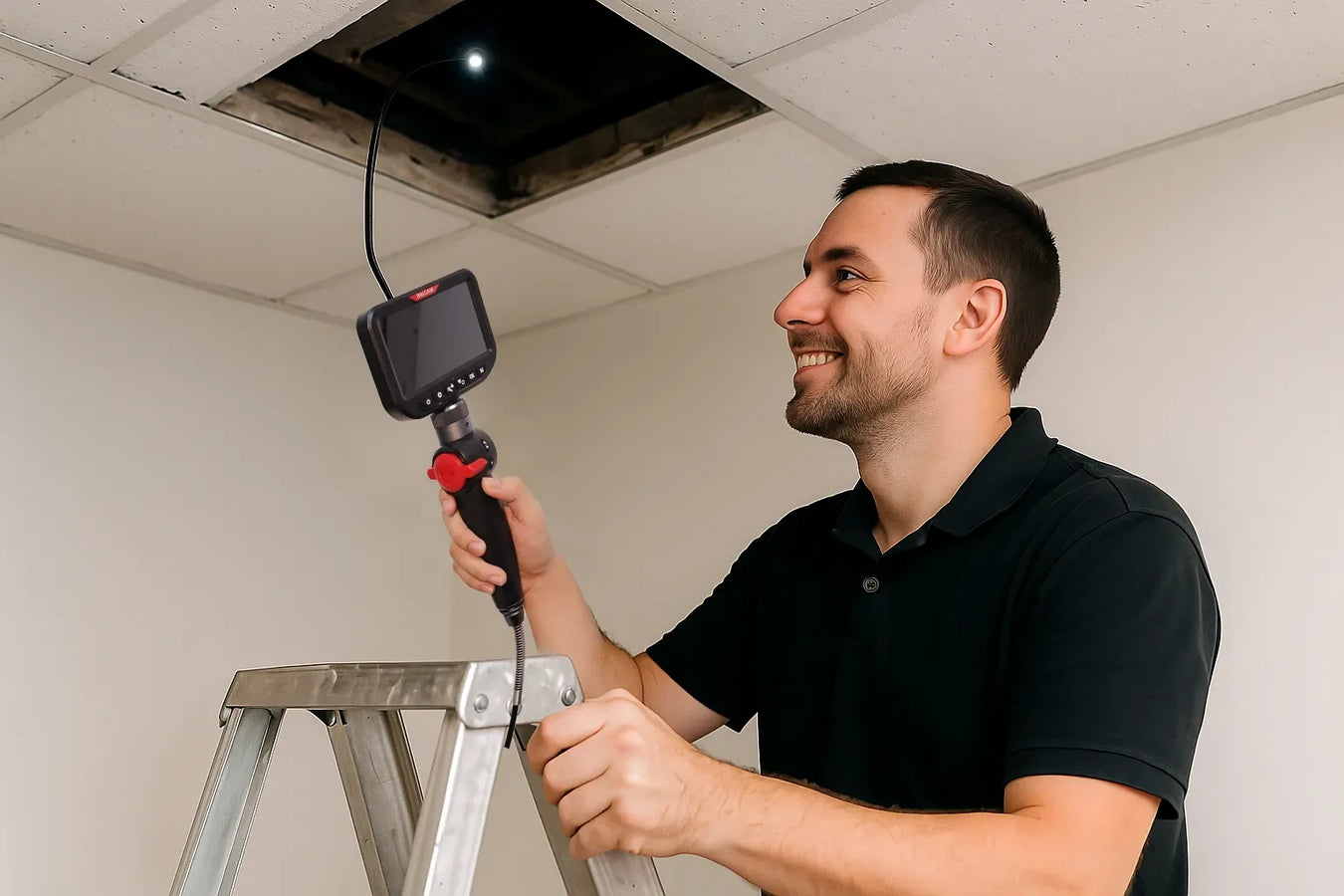 Home inspector using a handheld borescope camera to inspect ceiling crawl space from a ladder
