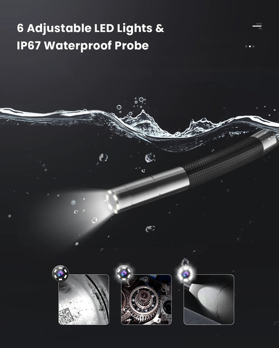 Borescope probe tip with 6 adjustable LED lights and IP67 waterproof rating, shown with sample inspection images