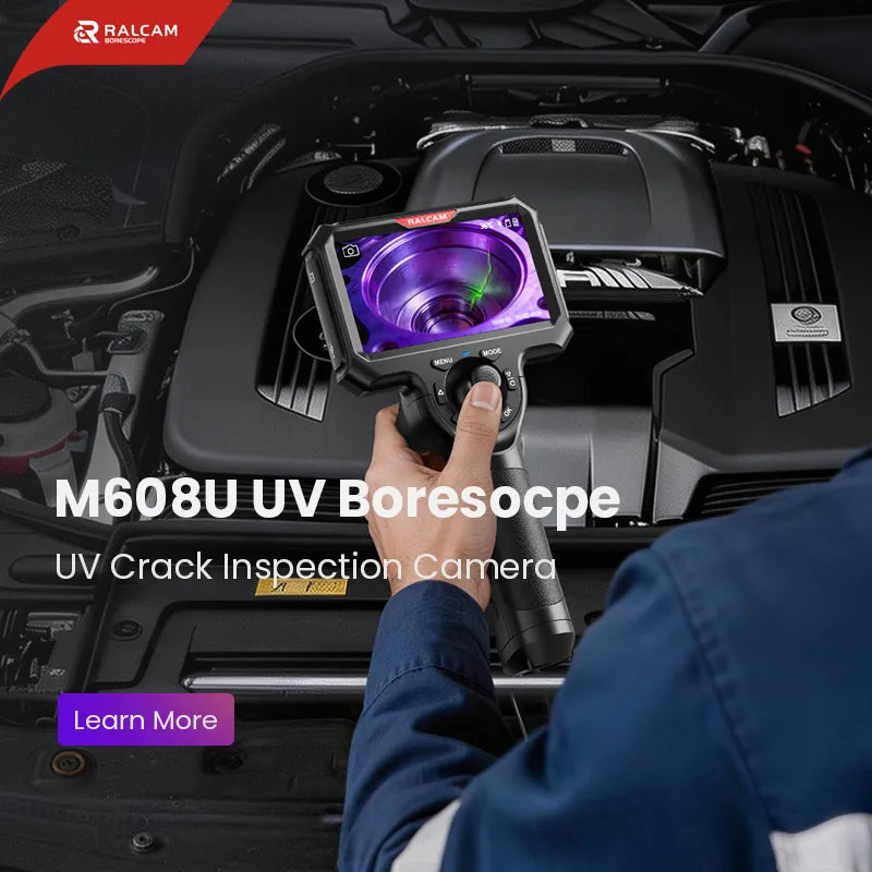 M608U UV borescope with ultraviolet illumination for detecting fine cracks in aerospace, automotive, and industrial components using fluorescent penetrant inspection (FPI)