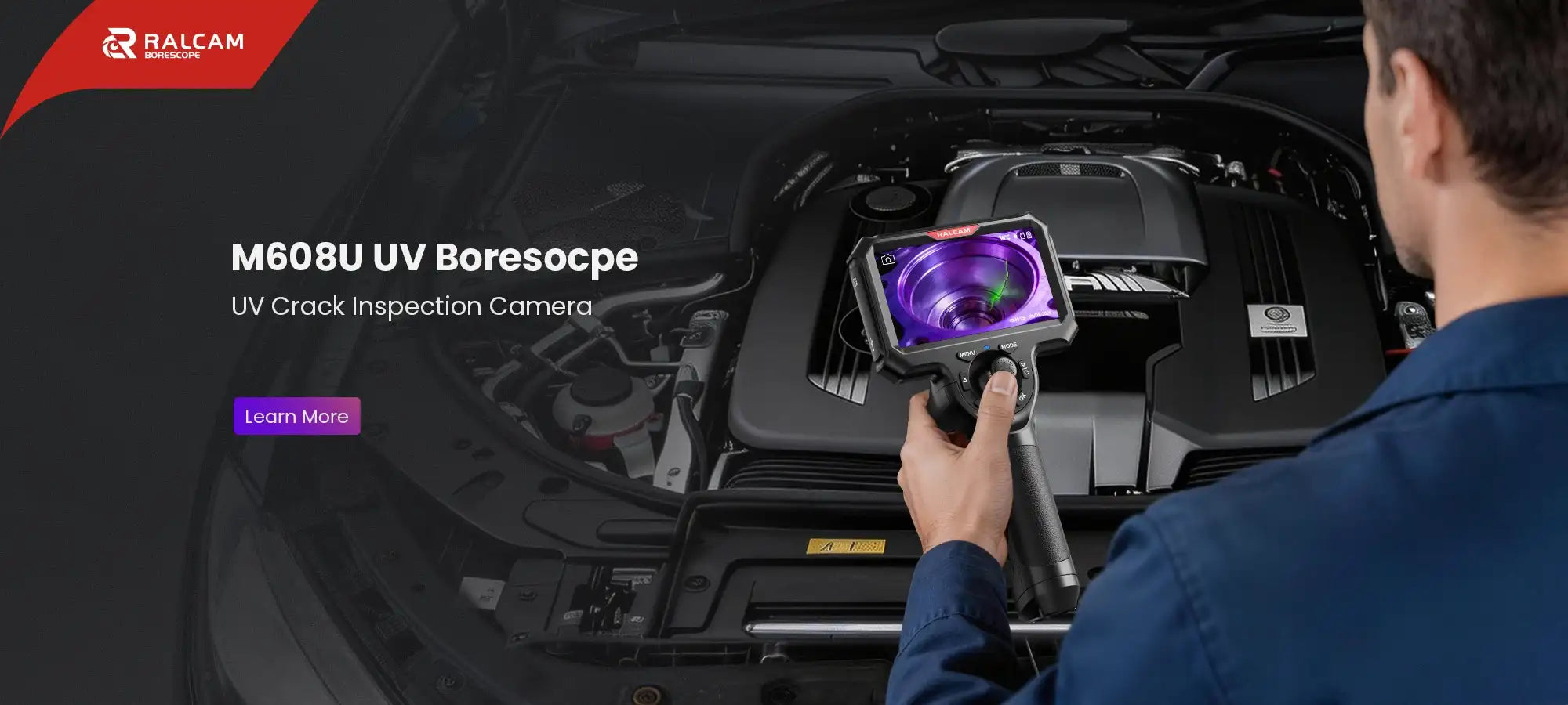 M608U UV borescope with ultraviolet illumination for detecting fine cracks in aerospace, automotive, and industrial components using fluorescent penetrant inspection (FPI)
