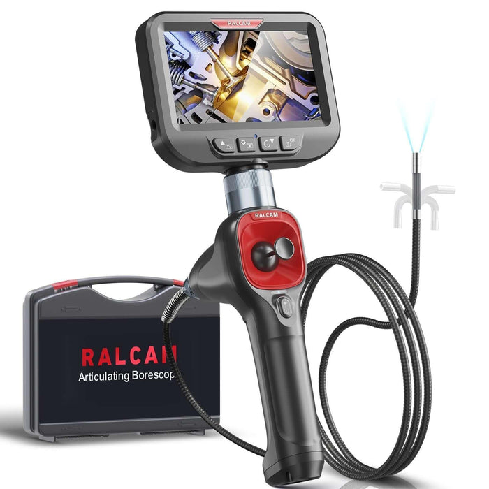 RALCAM articulating borescope with 6 LED lights, 62mm lens, HD screen showing engine internal view, carrying case