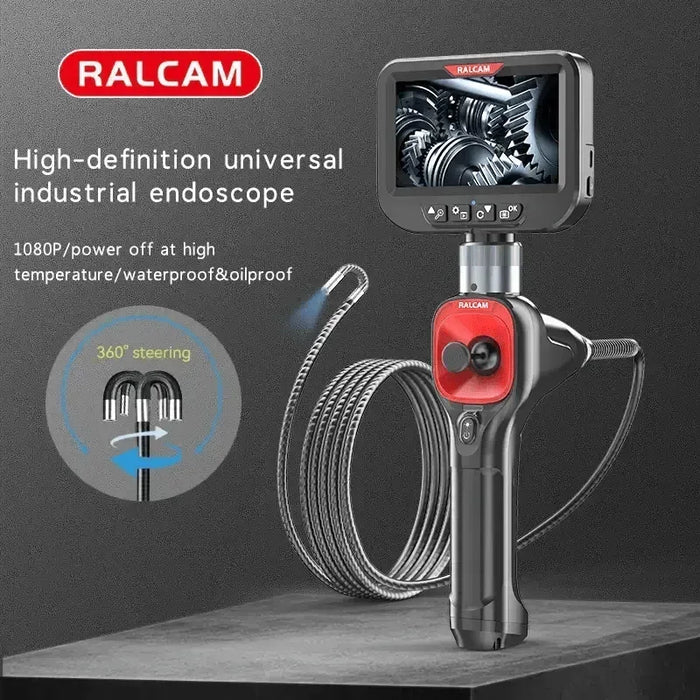 RALCAM high-definition universal industrial endoscope with 1080P HD screen, flexible 360° steering cable, and LED lights