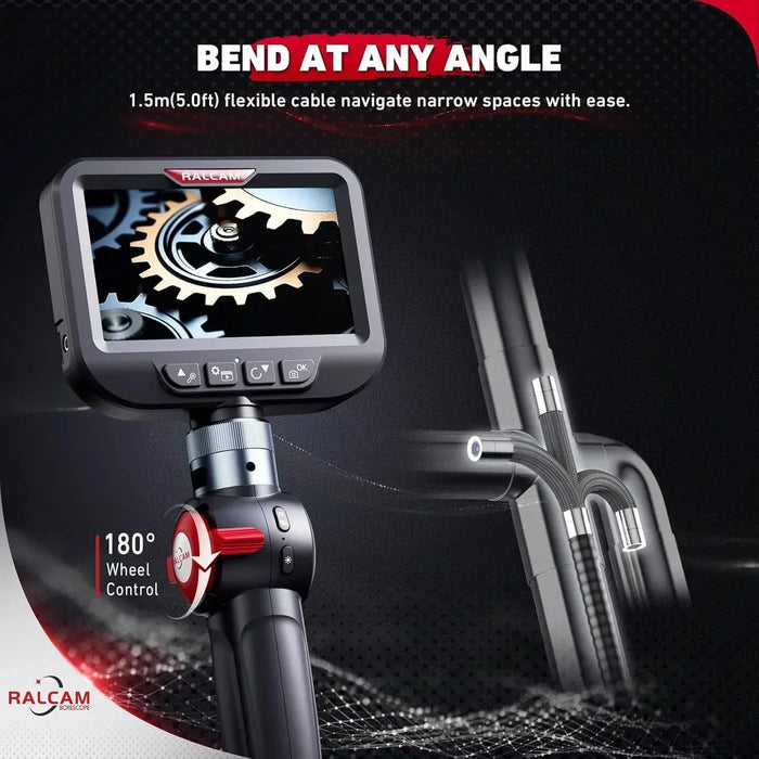 Ralcam borescope with 4.3-inch HD screen, 1.5m flexible cable, 6 adjustable LED lights, 180° wheel control