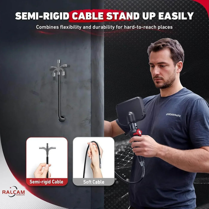 Man using Ralcam borescope with semi-rigid cable and HD screen to inspect hard-to-reach places