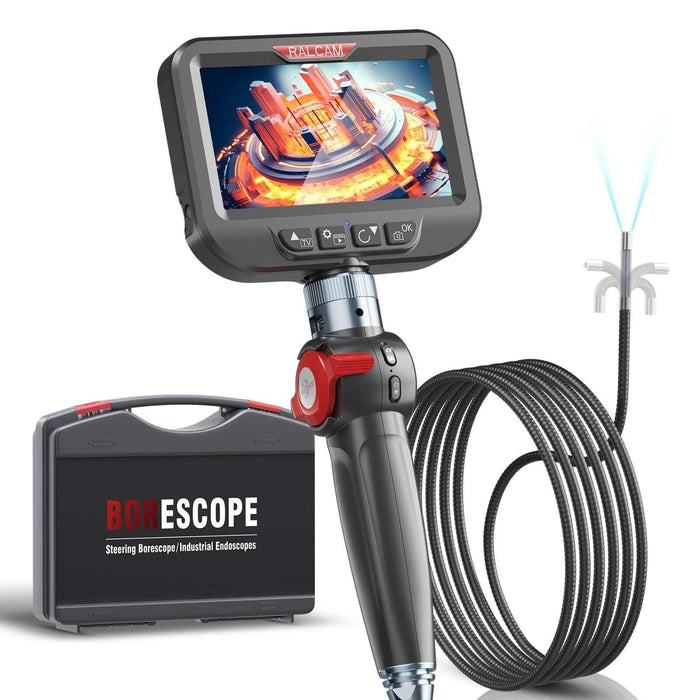 Industrial borescope with 4.3-inch HD screen, 6 adjustable LED lights, flexible cable, and carrying case